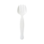 White disposable plastic serving forks, 9.75 inches long, professional-grade single-use serveware for buffets, catering, and party food service.