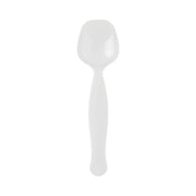 White disposable plastic serving spoons, 9.75 inches long, professional-grade single-use serveware for buffets, catering, and party food service.

