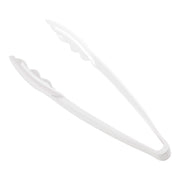 White disposable plastic serving tongs, ideal for serving salads, appetizers, and more