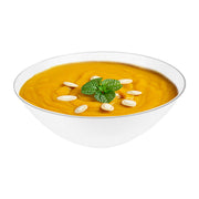 White disposable plastic soup bowls, 16 oz., with silver rim and rounded organic design