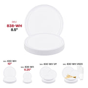 White disposable plates with an 8.5-inch flat round design, made of durable plastic, great for casual or formal events