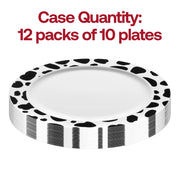 White disposable round plastic appetizer plate with black Dalmatian spots