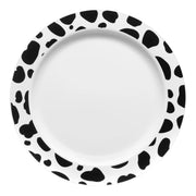 White disposable round plastic appetizer plate with black Dalmatian spots, 7.5-inch diameter