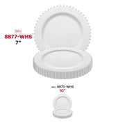 White disposable salad plates with a silver pearl string border, round plastic design, 7-inch size, lightweight, 120-pack