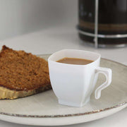 White disposable square plastic coffee mugs, 8 oz., stylish and practical for convenient single-use at gatherings and catering services
