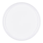 White flat round plates, 8.5 inches in diameter, disposable and crafted from sturdy plastic