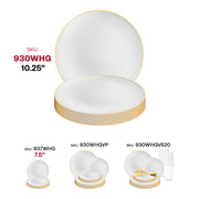 White organic round dinner plates with a gold rim design, 10.25-inch size, disposable plastic, pack of 120