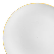 White organic round disposable plastic dinner plates with a gold rim