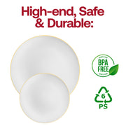 White organic round plastic dinner plates with an elegant gold rim, 10.25 inches, disposable, BPA-free