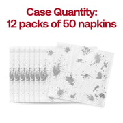 White paper beverage napkin with silver paint splatter, unfolded to 10 x 10 inches, from bulk 600-pack