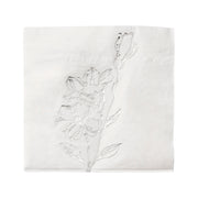 White paper cocktail napkins with silver antique floral design; case includes 600 disposable napkins