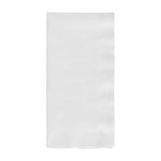 White paper dinner napkin measuring 16 x 16 inches, shown unfolded from a bulk case of 600 napkins.