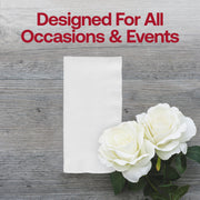 White paper dinner napkin placed beside a place setting, 16 x 16 inches, from a large 600-count catering pack.