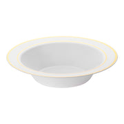 White plastic 12 oz. bowls with a gold edge rim, disposable and durable, in a pack of 120 for banquets and celebrations