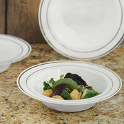 White plastic 12 oz. soup bowls with a sleek silver edge rim, 120-pack, suitable for weddings, banquets, or celebrations