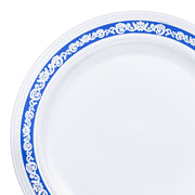 White plastic appetizer plate with a blue and silver royal rim, 7.5-inch diameter