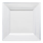 White plastic appetizer plates with silver square edge rim, 6.5-inch diameter
