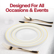 White plastic buffet plates with a gold edge rim, 9-inch diameter, perfect for elegant dining or events