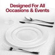 White plastic buffet plates with a silver edge rim, 9-inch diameter, ideal for elegant dining or events