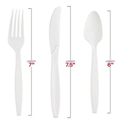 White plastic cutlery set with 7-inch forks, 7.5-inch knives, and 6-inch spoons, disposable and lightweight for easy cleanup