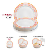 White plastic dinner plates with a bold red and gold chord rim, 10.25-inch diameter