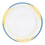 White plastic dinner plates with blue and gold harmony rim, 10.25-inch diameter