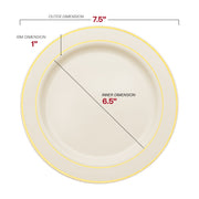 White plastic dinnerware set with a silver accent rim, a cost-effective and stylish choice for catering and events.