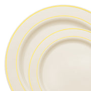 White plastic dinnerware set with a silver edge rim, including 120 dinner plates and 120 salad plates for elegant dining.