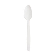 White plastic disposable spoons in a 1000-count case, each measuring 6", perfect for events, catering, and everyday use