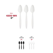White plastic disposable spoons measuring 6", perfect for serving soups, yogurts, and desserts with convenience