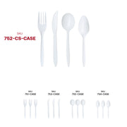 White plastic forks, spoons, knives, and teaspoons used in a party setup, offering practicality and clean presentation