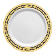 White plastic plates for appetizers or salads with a detailed black and gold royal rim, 120-pack