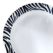 White plastic salad plates with a black zebra stripe design, 7.5-inch round, disposable, and sold in packs of 120