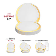 White plastic salad plates with a gold moonlight pattern, 7.5-inch round shape, sturdy and disposable
