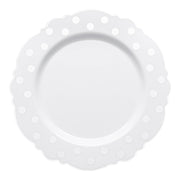 White plastic salad plates with silver dotted blossom accents, 7.5-inch round design