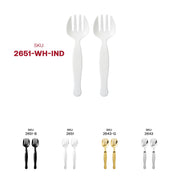White plastic serving forks displayed with SKU 2651-WH-IND-CASE for quick product identification and simple bulk reordering.
