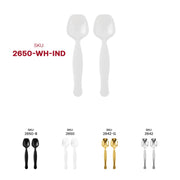White plastic serving spoons displayed with SKU 2650-WH-IND-CASE for quick product identification and simple bulk reordering.

