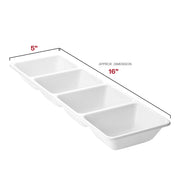 White plastic serving tray measuring 16 inches by 5 inches with four separate sections for food separation