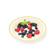 White plastic soup bowls with elegant gold rim accents, 12 oz., in a bulk pack of 120 for parties and events