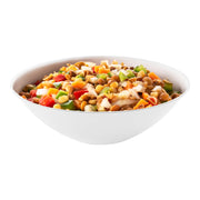 White plastic soup bowls with elegant silver rim, 16 oz. organic round design