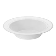 White plastic soup bowls with elegant silver rim detailing, 12 oz. capacity, in a bulk pack of 120 for events