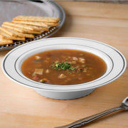 White plastic soup bowls with silver rim accents, 12 oz. size, disposable and elegant, in a large 120-pack for events