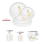 White plates with gold flower detailing styled on linen table with candles and fresh flower centerpieces