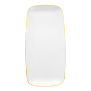 White rectangular disposable plastic plate with a gold rim and flat raised edges, measuring 10.6x5 inches, sold in a 120-pack