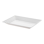 White rectangular plastic serving tray with groove rim, ideal for elegant food presentation at any event