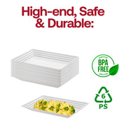 White rectangular serving tray used at a formal event, elegantly presenting a variety of appetizers and hors d'oeuvres