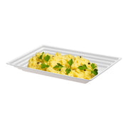 White rectangular tray with groove rim filled with mashed potatoes, perfect for serving sides at buffets and family gatherings