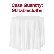 White round 84-inch plastic tablecloths, disposable and perfect for birthdays, weddings, and banquets, case includes 96 pieces.