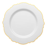 White round blossom disposable plastic appetizer and salad plates with a gold rim, 7.5-inch diameter