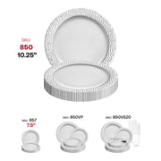 White round dinner plates featuring a silver hammered rim, made of disposable plastic, 10.25-inch size
